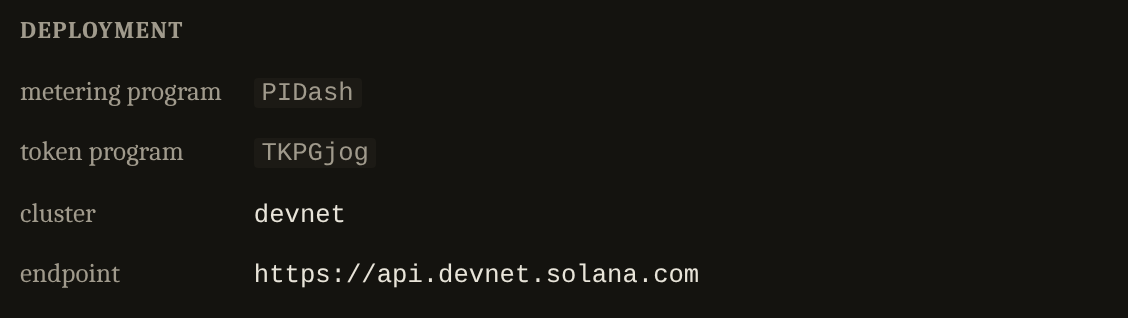 Metering program and token program as short names, then cluster devnet and the RPC endpoint.