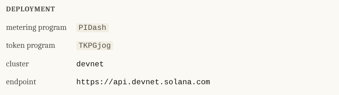 Metering program and token program as short names, then cluster devnet and the RPC endpoint.