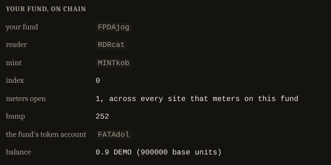 The fund as a short name, then its reader, mint, index, the number of meters open on it and its bump. Then the fund's token account as a short name, and its balance in DEMO and in base units.