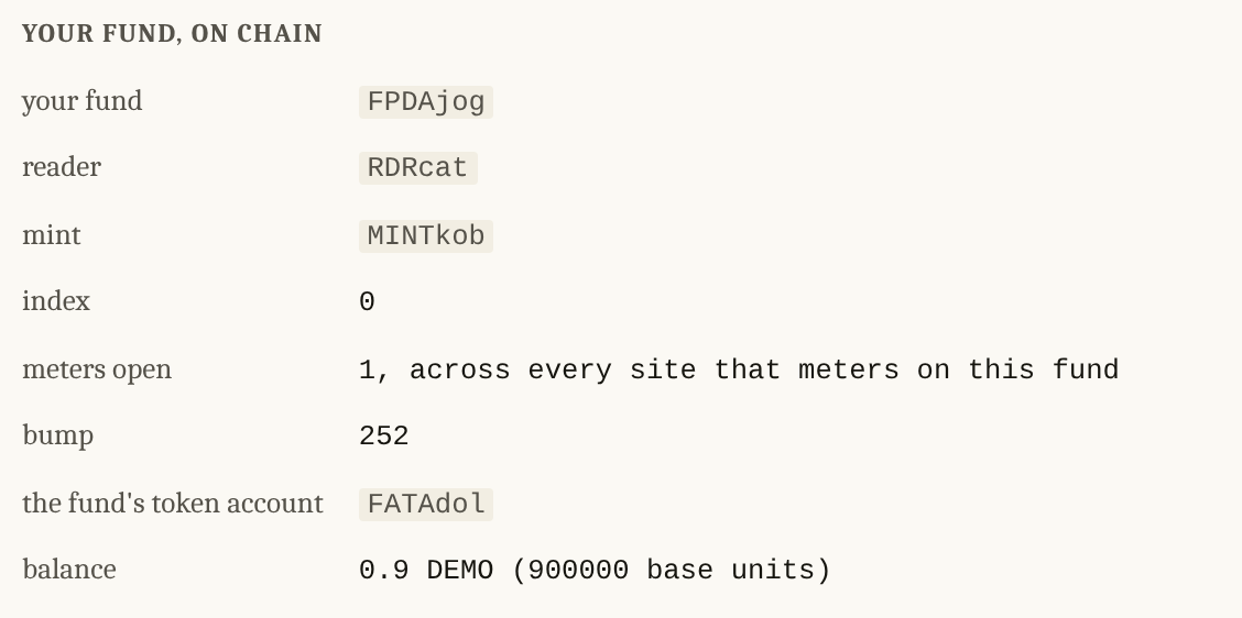 The fund as a short name, then its reader, mint, index, the number of meters open on it and its bump. Then the fund's token account as a short name, and its balance in DEMO and in base units.