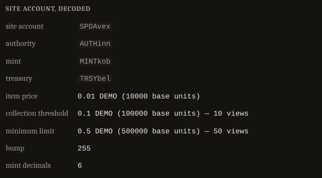 The site account's fields in order: site account, authority, mint, treasury, item price, collection threshold, minimum limit, bump and mint decimals.