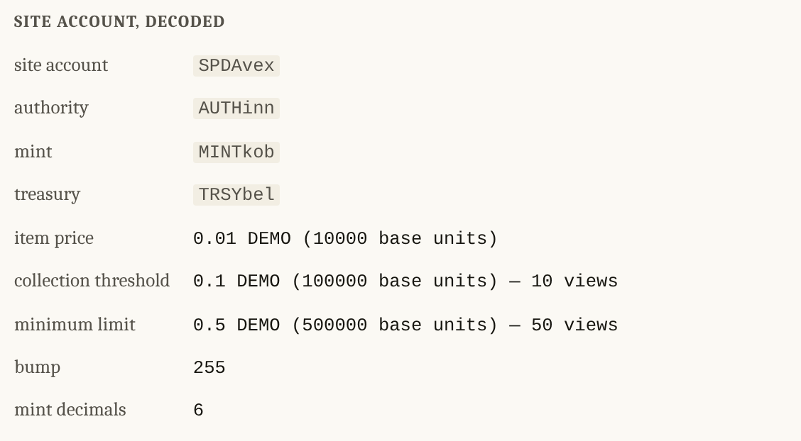 The site account's fields in order: site account, authority, mint, treasury, item price, collection threshold, minimum limit, bump and mint decimals.