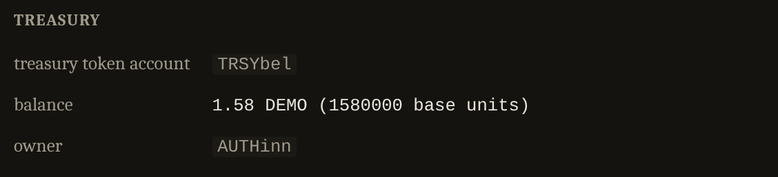 Treasury token account, balance and owner.