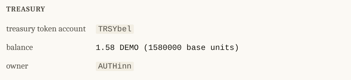 Treasury token account, balance and owner.