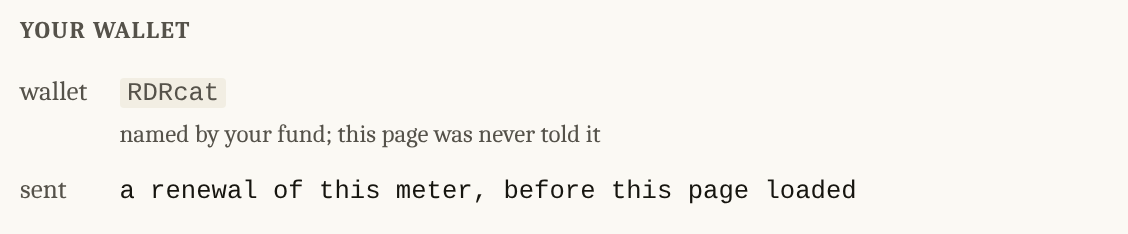 One row: the wallet as a short name, with a line beneath reading named by your fund; this page was never told it. A second row labelled sent reads a renewal of this meter, before this page loaded.